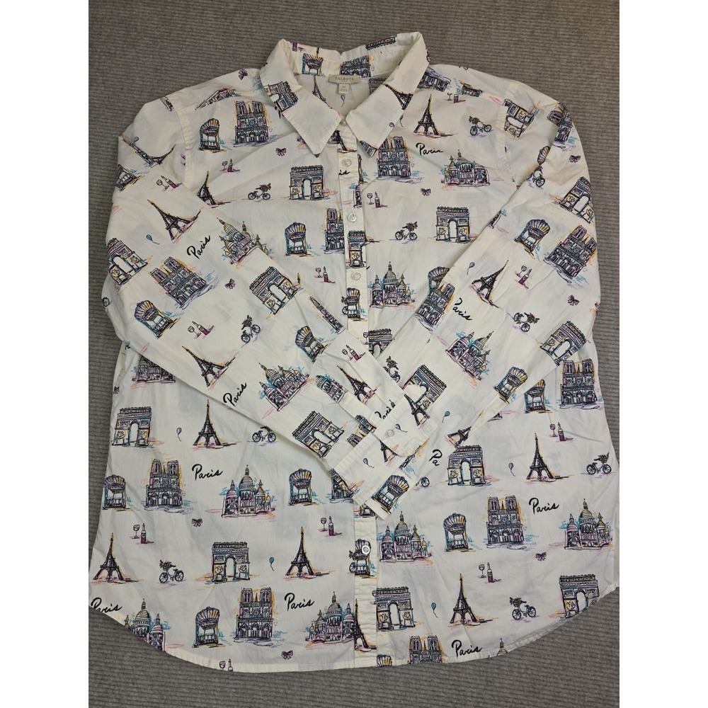 Talbots Womens White Paris Arch Eiffel Tower Notre-Dame Shirt XL Button Down